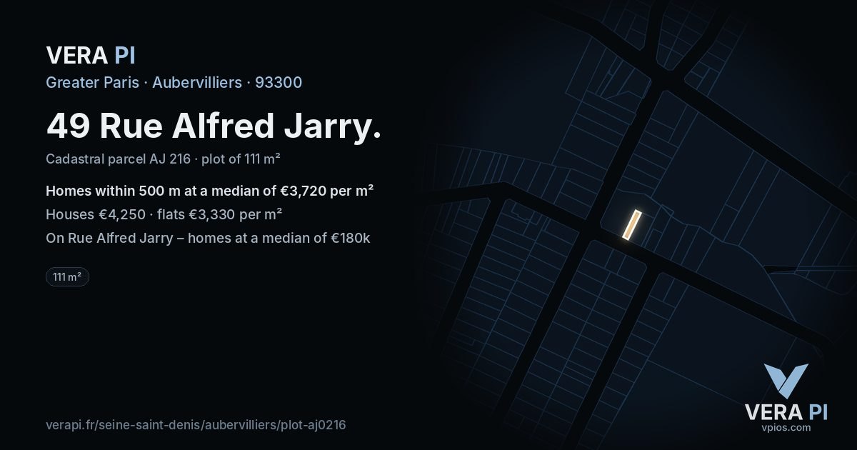 49 Rue Alfred Jarry, Aubervilliers at night – the plot lit, the parcels around coloured by the prices near them