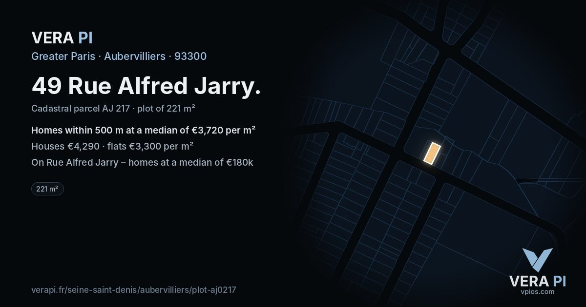 49 Rue Alfred Jarry, Aubervilliers at night – the plot lit, the parcels around coloured by the prices near them