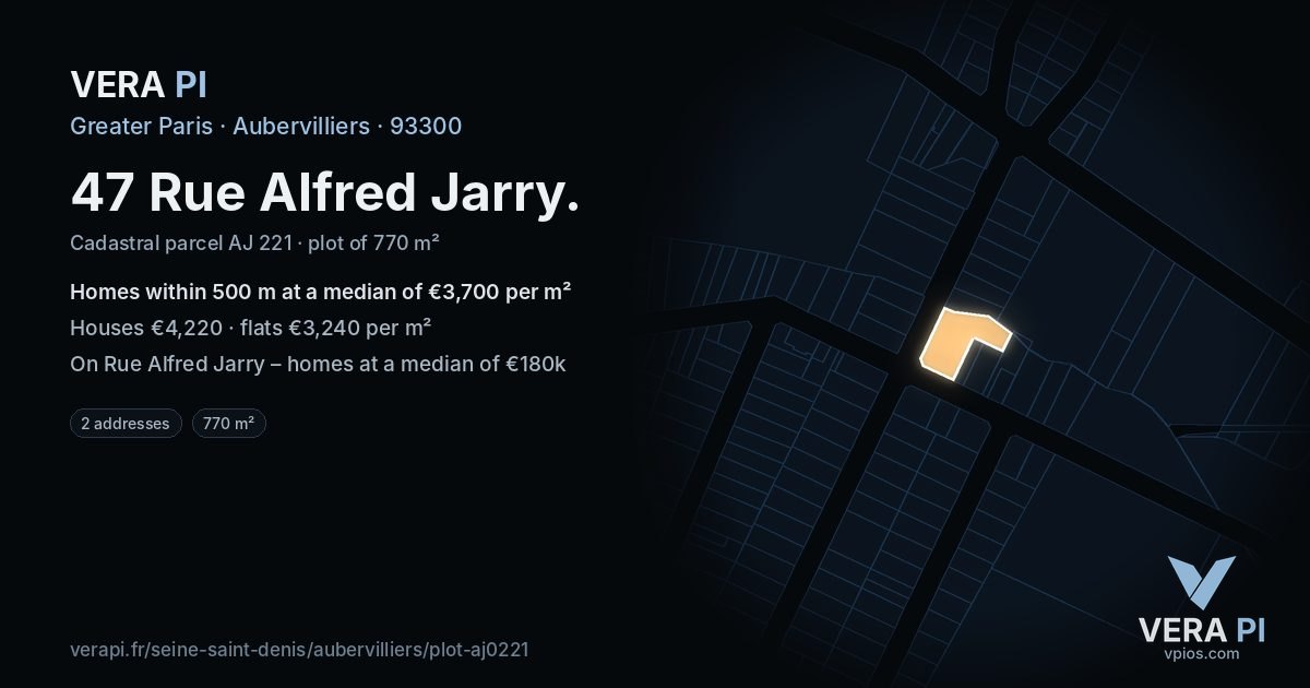 47 Rue Alfred Jarry, Aubervilliers at night – the plot lit, the parcels around coloured by the prices near them