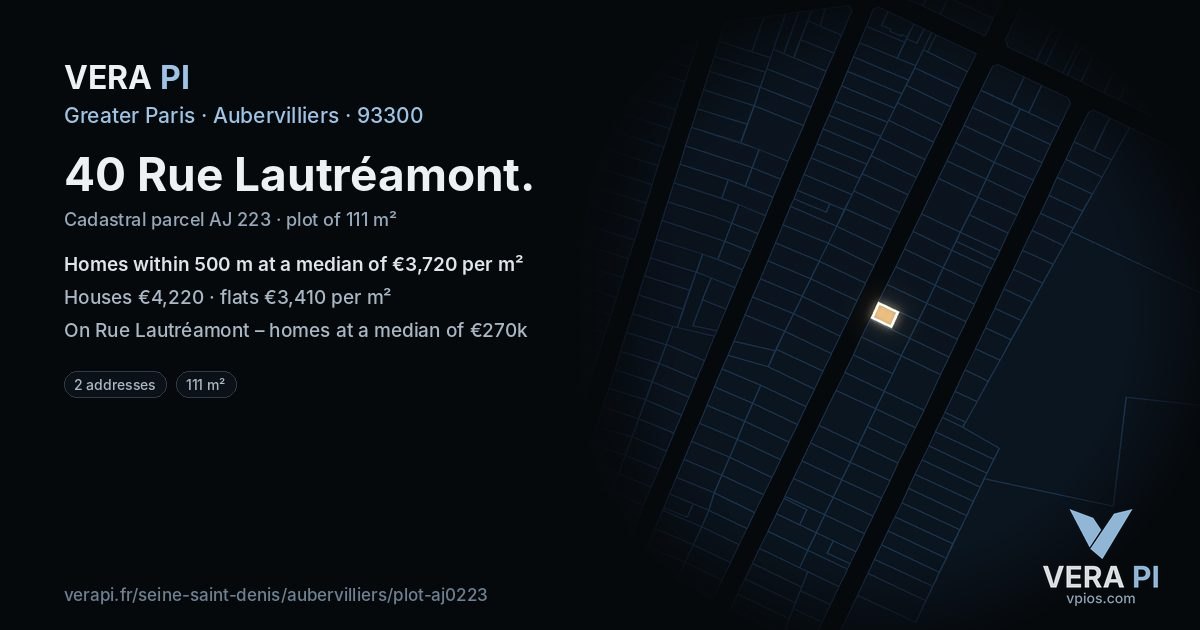 40 Rue Lautréamont, Aubervilliers at night – the plot lit, the parcels around coloured by the prices near them