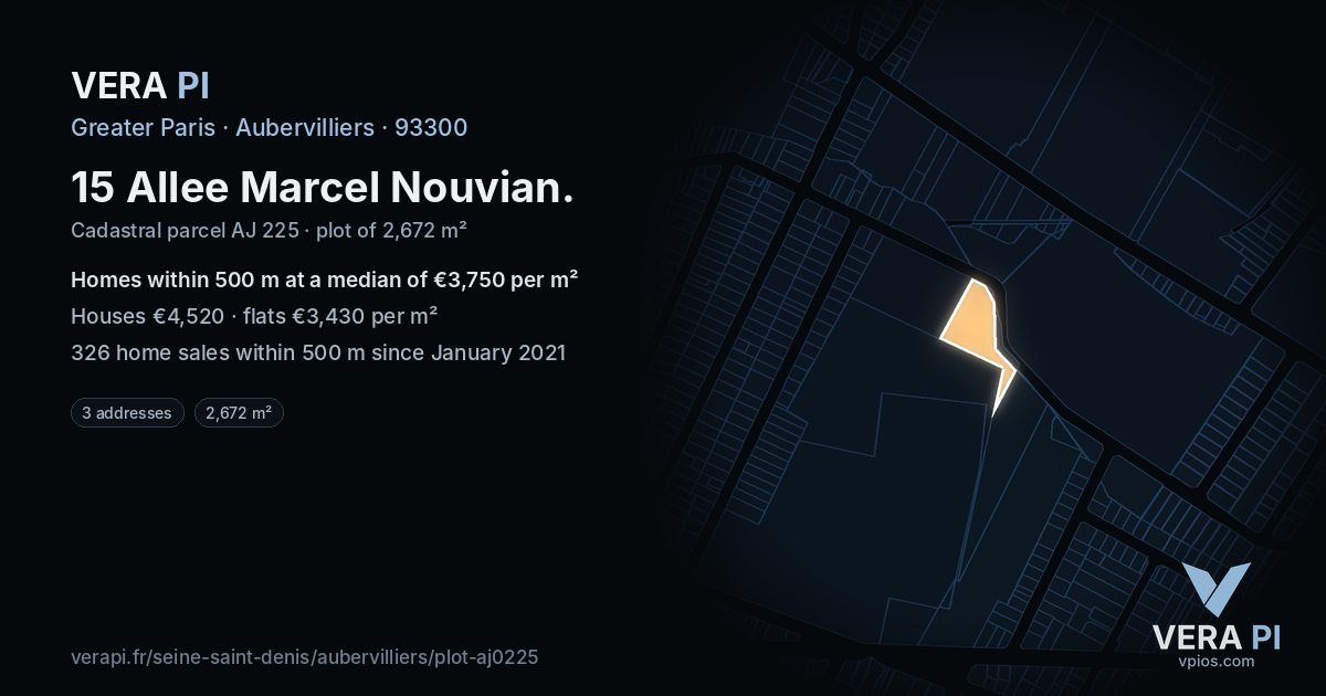 15 Allee Marcel Nouvian, Aubervilliers at night – the plot lit, the parcels around coloured by the prices near them
