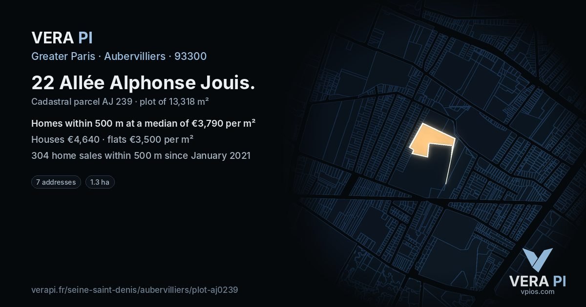 22 Allée Alphonse Jouis, Aubervilliers at night – the plot lit, the parcels around coloured by the prices near them