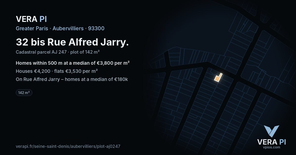 32 bis Rue Alfred Jarry, Aubervilliers at night – the plot lit, the parcels around coloured by the prices near them