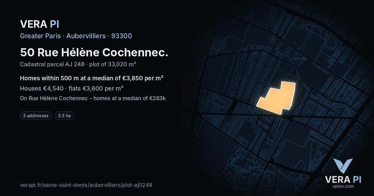 50 Rue Hélène Cochennec, Aubervilliers at night – the plot lit, the parcels around coloured by the prices near them