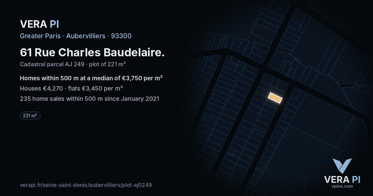 61 Rue Charles Baudelaire, Aubervilliers at night – the plot lit, the parcels around coloured by the prices near them