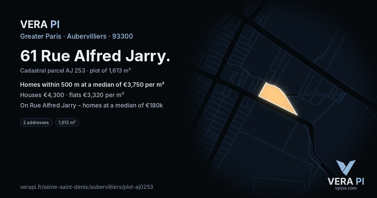 61 Rue Alfred Jarry, Aubervilliers at night – the plot lit, the parcels around coloured by the prices near them