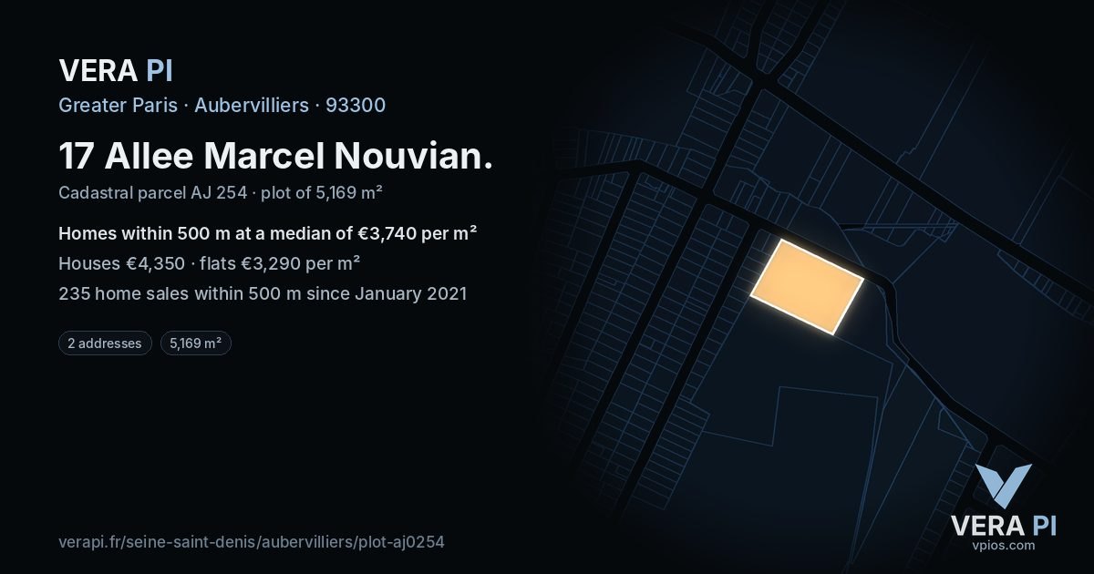 17 Allee Marcel Nouvian, Aubervilliers at night – the plot lit, the parcels around coloured by the prices near them