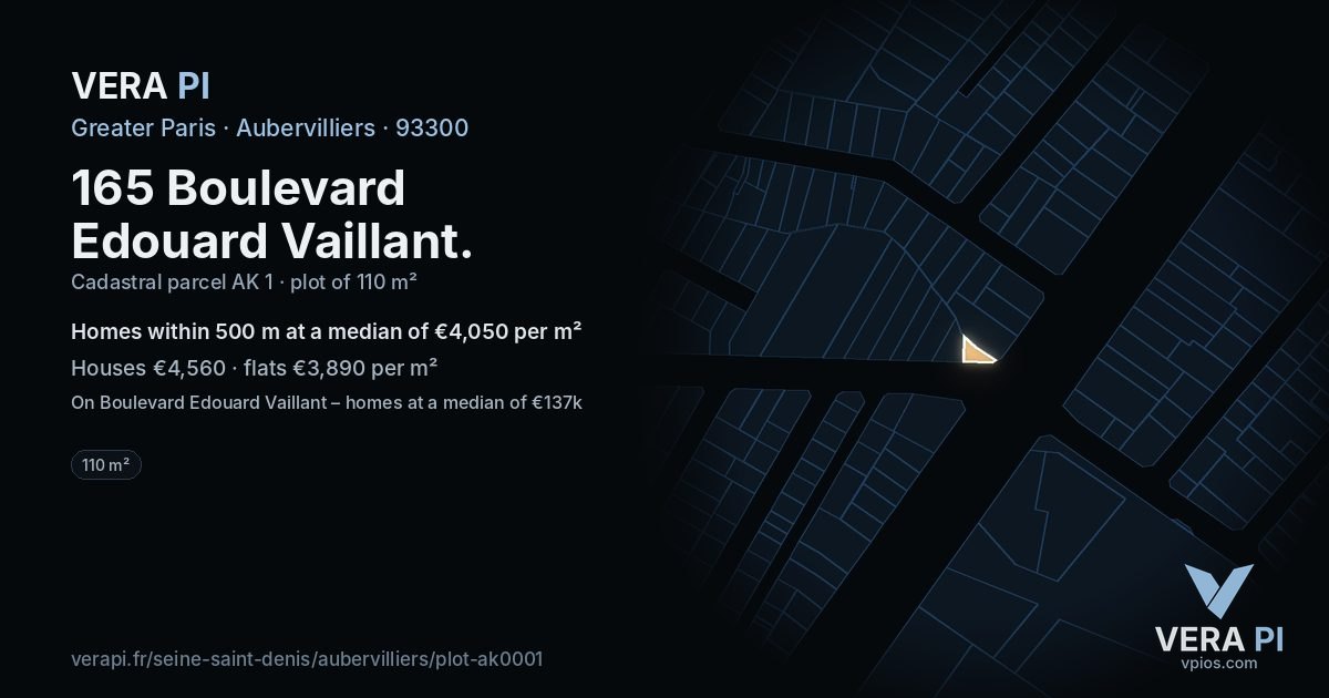 165 Boulevard Edouard Vaillant, Aubervilliers at night – the plot lit, the parcels around coloured by the prices near them