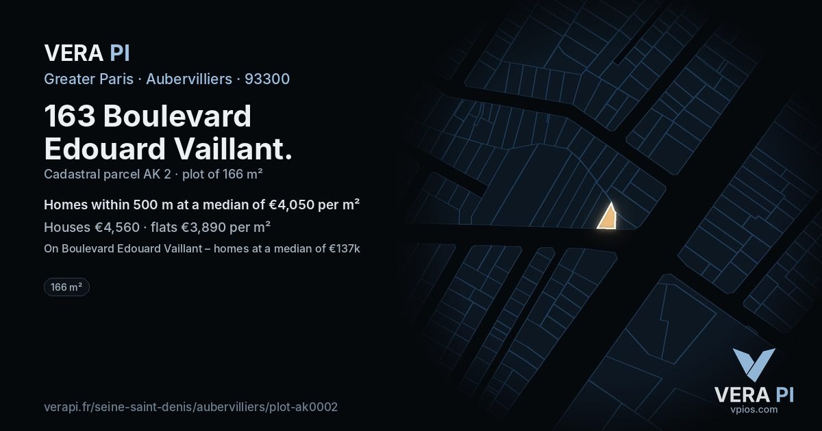 163 Boulevard Edouard Vaillant, Aubervilliers at night – the plot lit, the parcels around coloured by the prices near them