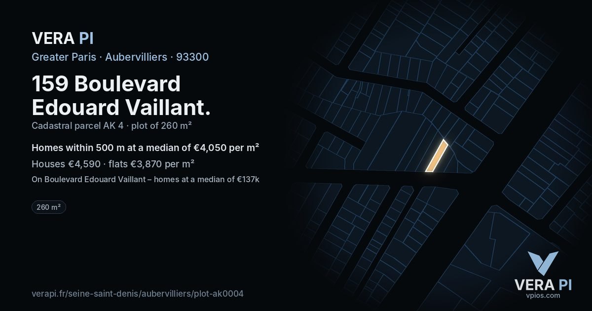 159 Boulevard Edouard Vaillant, Aubervilliers at night – the plot lit, the parcels around coloured by the prices near them
