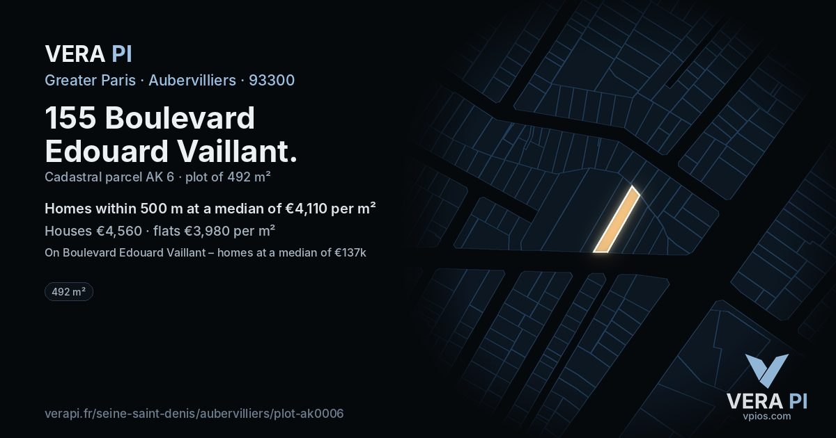 155 Boulevard Edouard Vaillant, Aubervilliers at night – the plot lit, the parcels around coloured by the prices near them