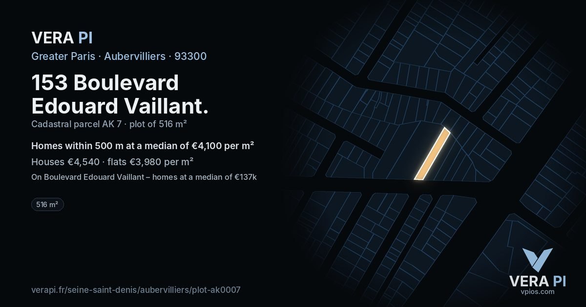 153 Boulevard Edouard Vaillant, Aubervilliers at night – the plot lit, the parcels around coloured by the prices near them
