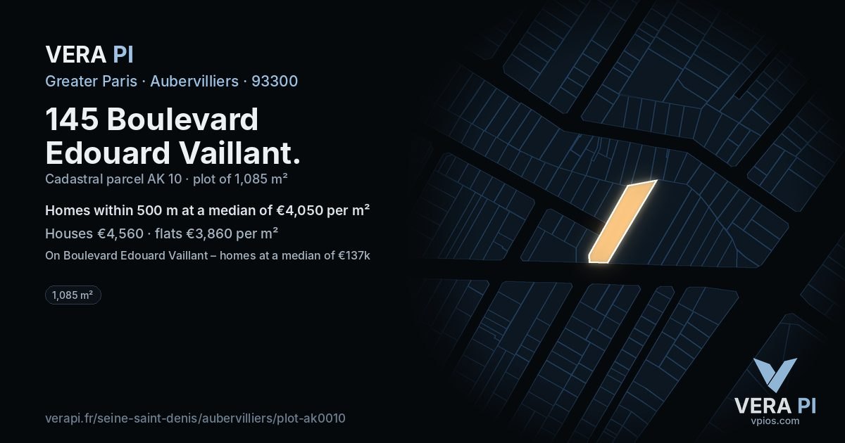 145 Boulevard Edouard Vaillant, Aubervilliers at night – the plot lit, the parcels around coloured by the prices near them