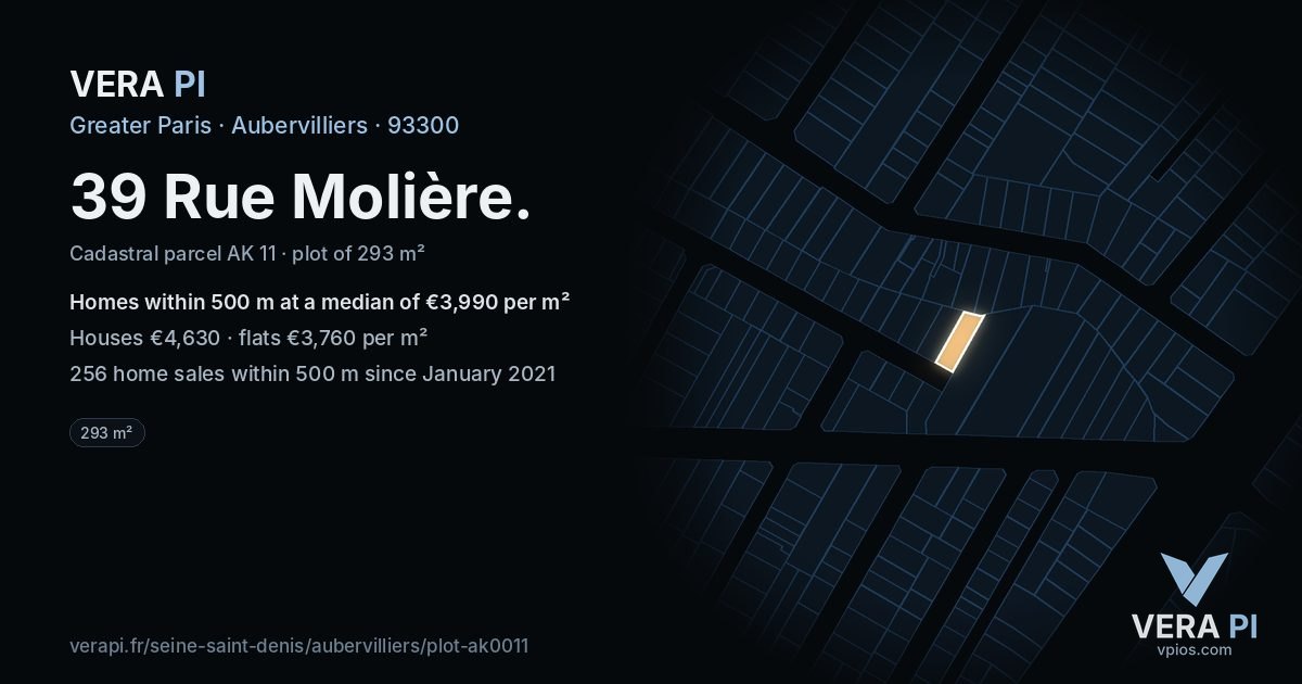 39 Rue Molière, Aubervilliers at night – the plot lit, the parcels around coloured by the prices near them