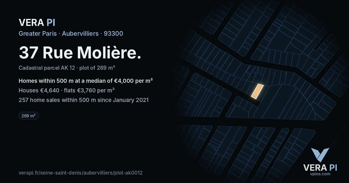 37 Rue Molière, Aubervilliers at night – the plot lit, the parcels around coloured by the prices near them