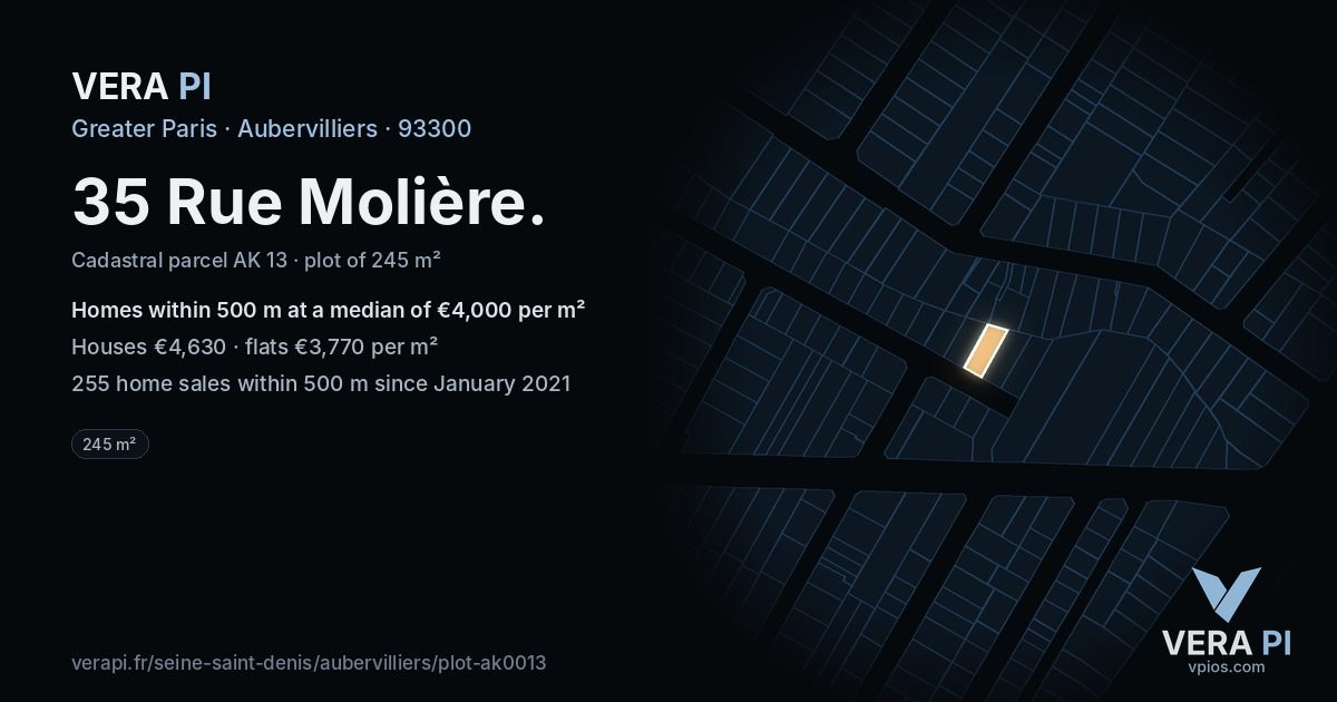 35 Rue Molière, Aubervilliers at night – the plot lit, the parcels around coloured by the prices near them