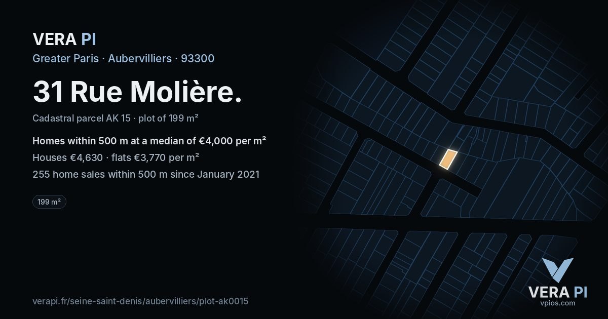 31 Rue Molière, Aubervilliers at night – the plot lit, the parcels around coloured by the prices near them