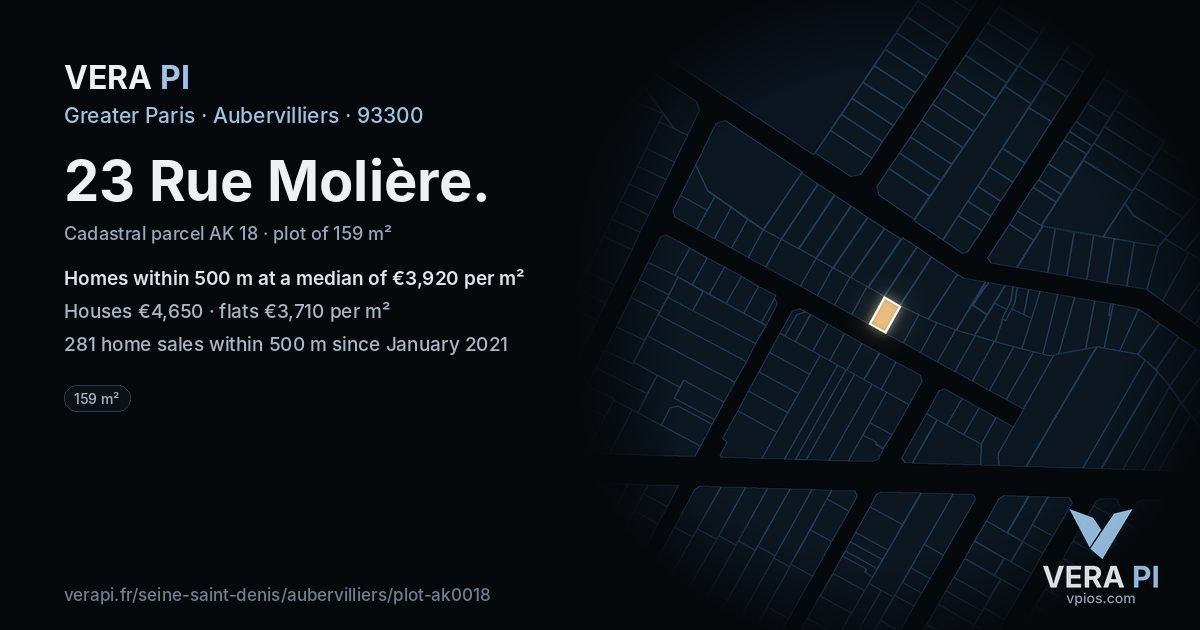 23 Rue Molière, Aubervilliers at night – the plot lit, the parcels around coloured by the prices near them