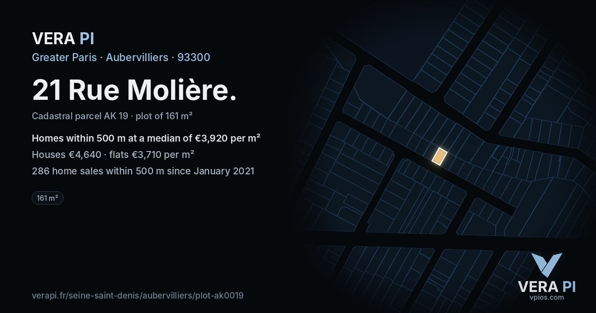 21 Rue Molière, Aubervilliers at night – the plot lit, the parcels around coloured by the prices near them