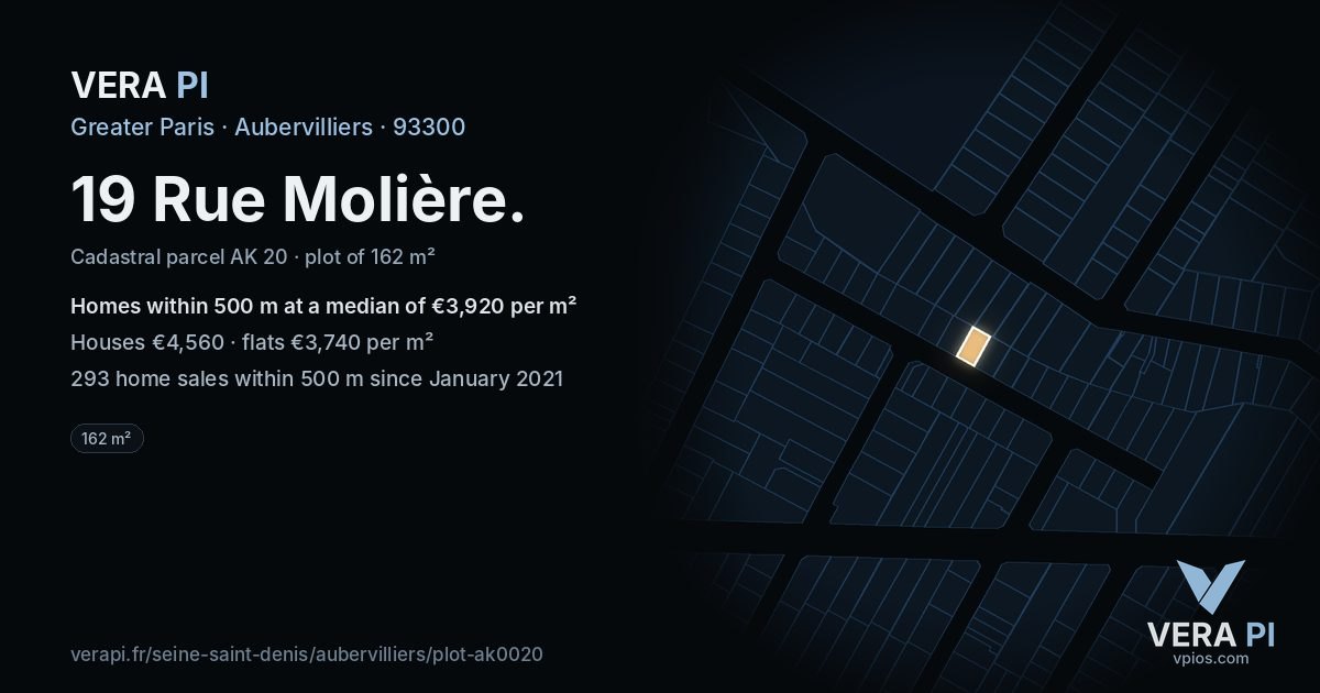 19 Rue Molière, Aubervilliers at night – the plot lit, the parcels around coloured by the prices near them