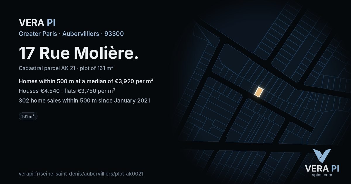 17 Rue Molière, Aubervilliers at night – the plot lit, the parcels around coloured by the prices near them