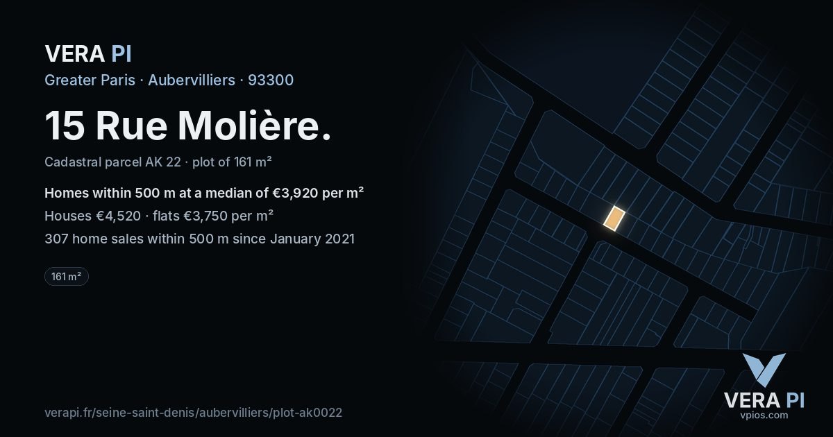 15 Rue Molière, Aubervilliers at night – the plot lit, the parcels around coloured by the prices near them