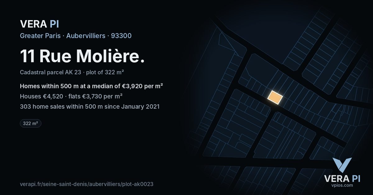 11 Rue Molière, Aubervilliers at night – the plot lit, the parcels around coloured by the prices near them