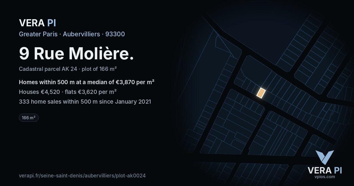 9 Rue Molière, Aubervilliers at night – the plot lit, the parcels around coloured by the prices near them