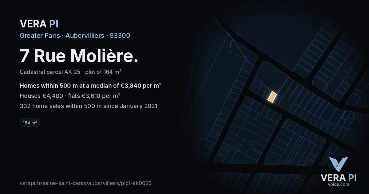 7 Rue Molière, Aubervilliers at night – the plot lit, the parcels around coloured by the prices near them