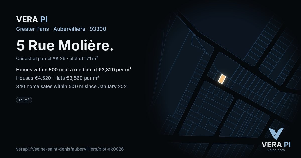 5 Rue Molière, Aubervilliers at night – the plot lit, the parcels around coloured by the prices near them