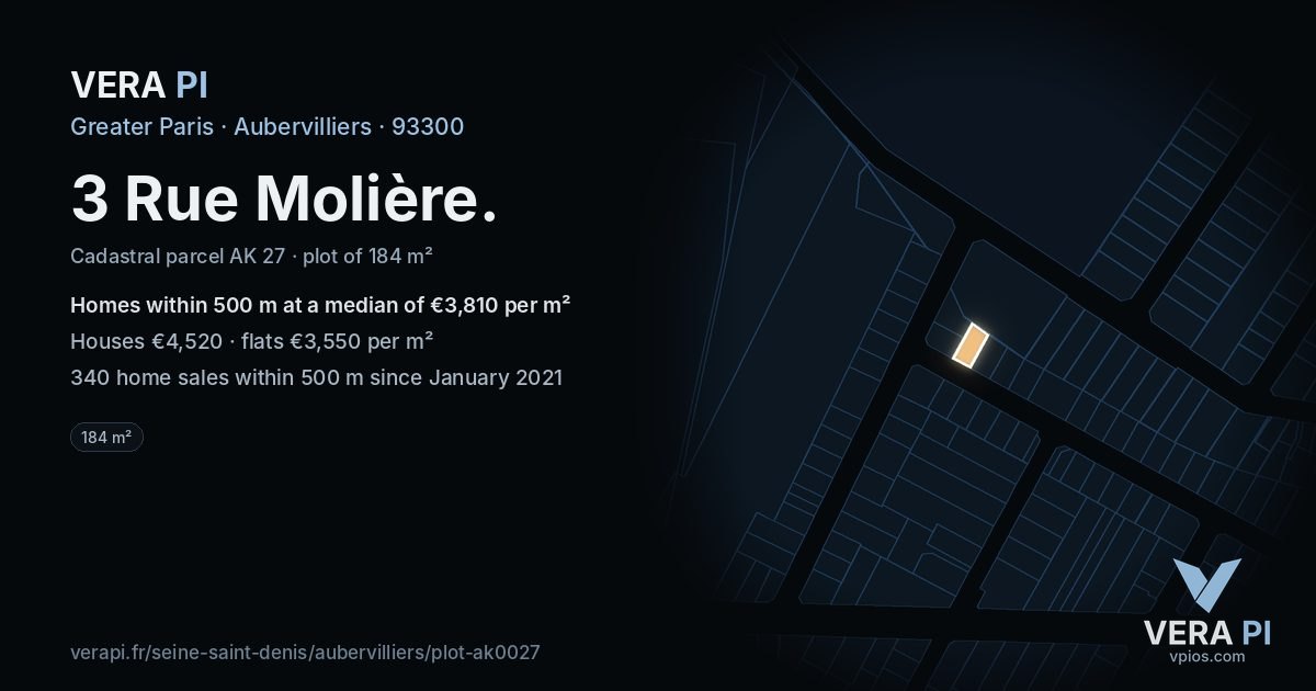 3 Rue Molière, Aubervilliers at night – the plot lit, the parcels around coloured by the prices near them