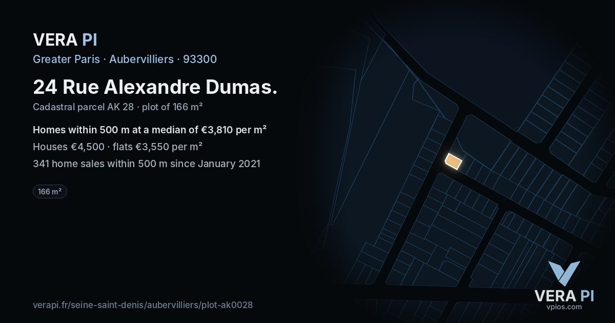 24 Rue Alexandre Dumas, Aubervilliers at night – the plot lit, the parcels around coloured by the prices near them