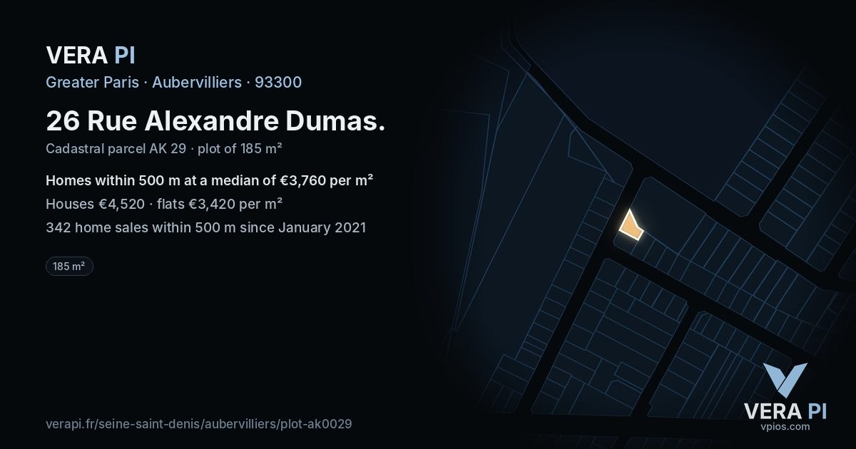 26 Rue Alexandre Dumas, Aubervilliers at night – the plot lit, the parcels around coloured by the prices near them