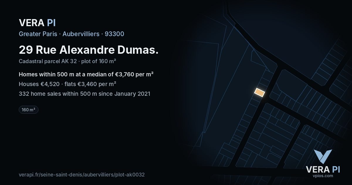 29 Rue Alexandre Dumas, Aubervilliers at night – the plot lit, the parcels around coloured by the prices near them