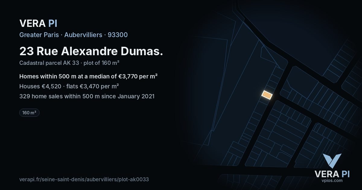 23 Rue Alexandre Dumas, Aubervilliers at night – the plot lit, the parcels around coloured by the prices near them