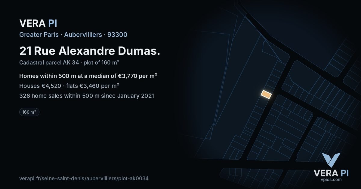 21 Rue Alexandre Dumas, Aubervilliers at night – the plot lit, the parcels around coloured by the prices near them