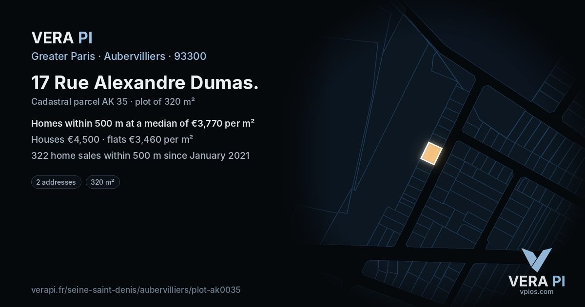 17 Rue Alexandre Dumas, Aubervilliers at night – the plot lit, the parcels around coloured by the prices near them