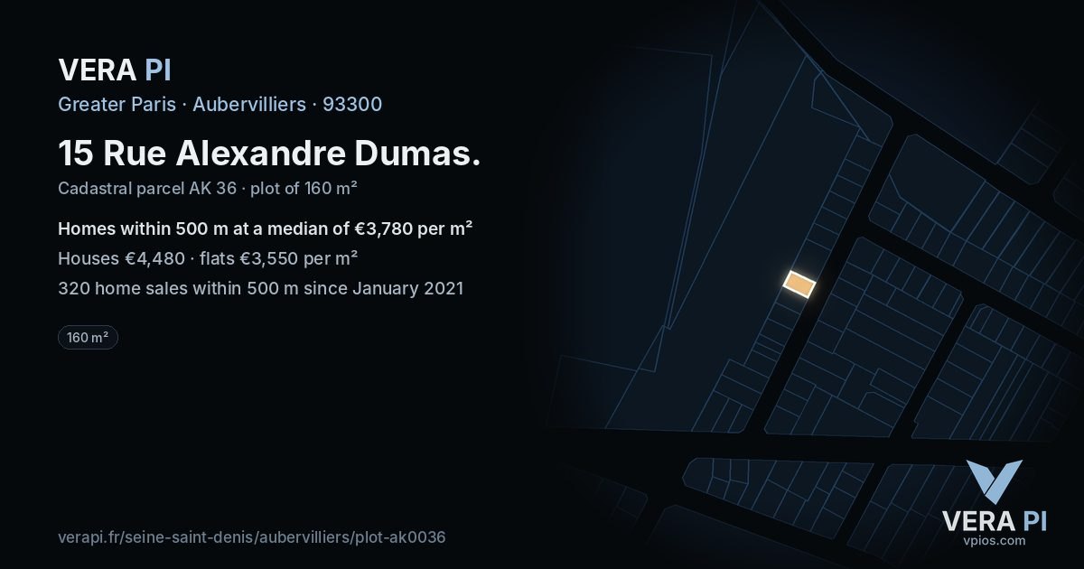 15 Rue Alexandre Dumas, Aubervilliers at night – the plot lit, the parcels around coloured by the prices near them