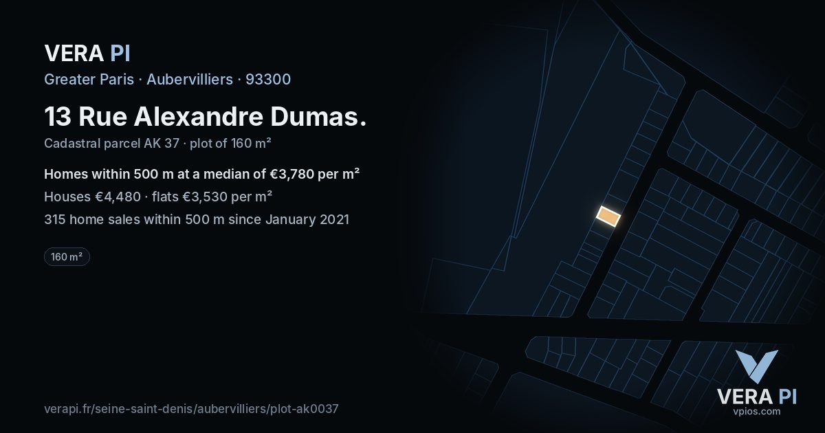 13 Rue Alexandre Dumas, Aubervilliers at night – the plot lit, the parcels around coloured by the prices near them