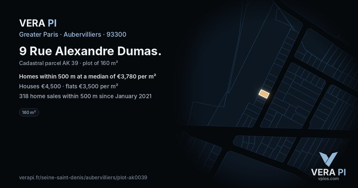 9 Rue Alexandre Dumas, Aubervilliers at night – the plot lit, the parcels around coloured by the prices near them