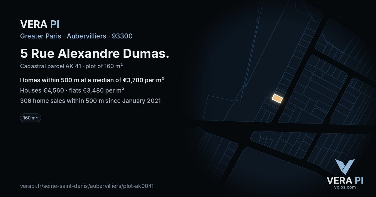 5 Rue Alexandre Dumas, Aubervilliers at night – the plot lit, the parcels around coloured by the prices near them