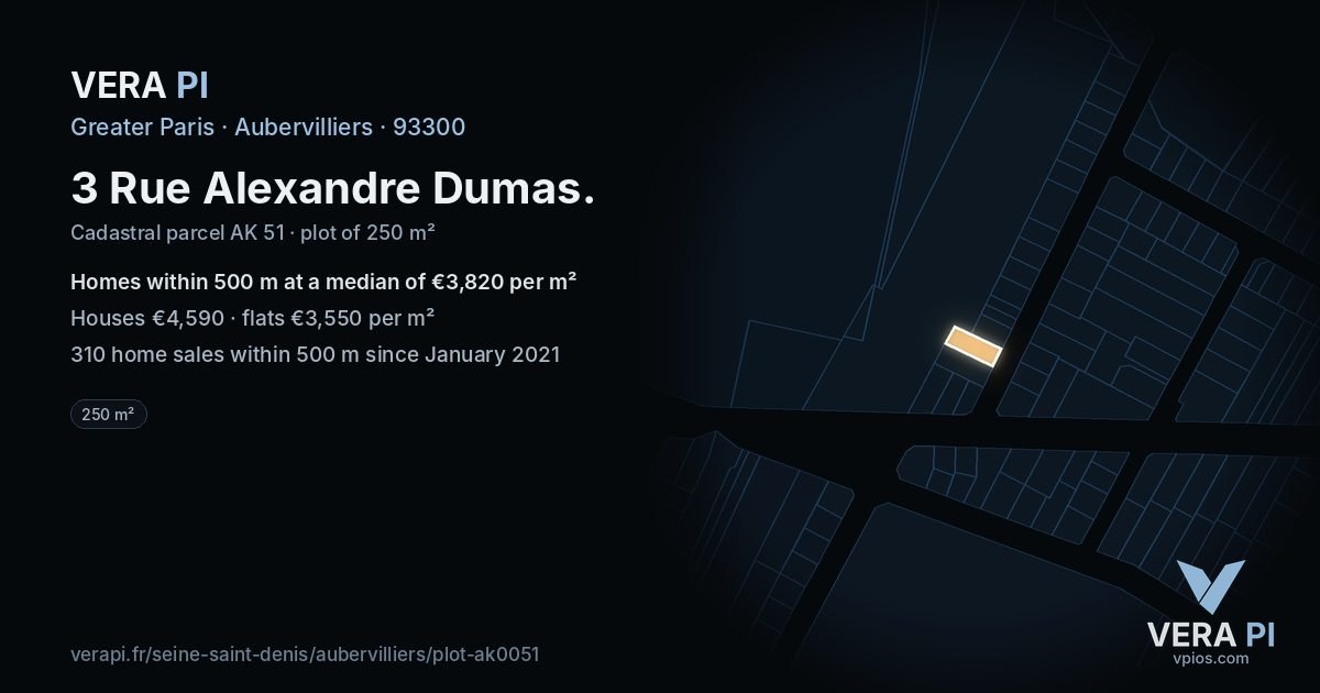 3 Rue Alexandre Dumas, Aubervilliers at night – the plot lit, the parcels around coloured by the prices near them