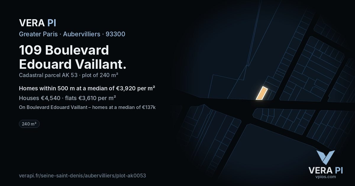 109 Boulevard Edouard Vaillant, Aubervilliers at night – the plot lit, the parcels around coloured by the prices near them