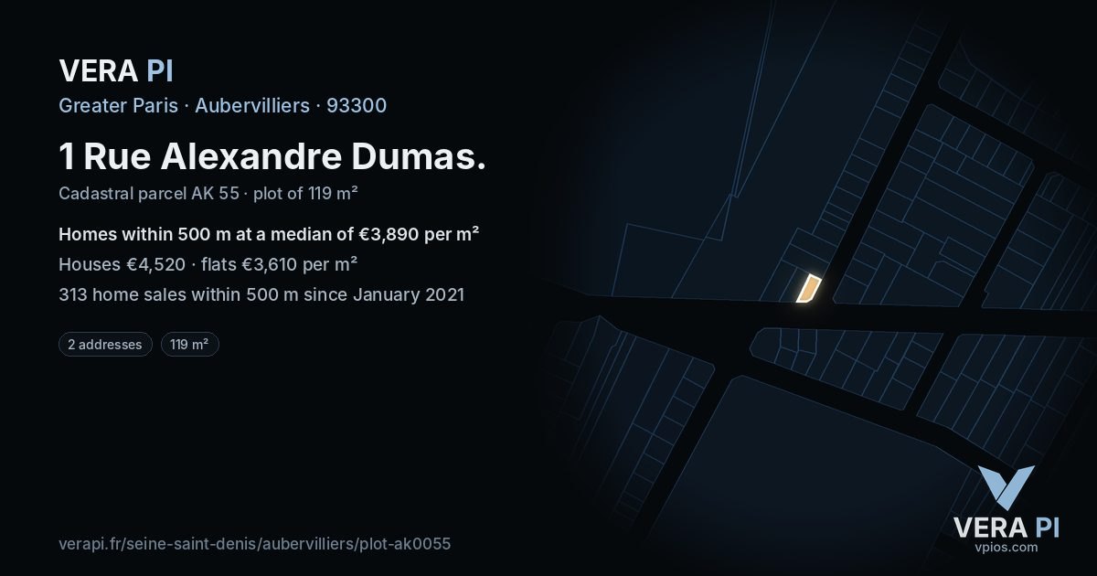 1 Rue Alexandre Dumas, Aubervilliers at night – the plot lit, the parcels around coloured by the prices near them