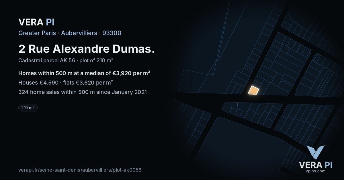 2 Rue Alexandre Dumas, Aubervilliers at night – the plot lit, the parcels around coloured by the prices near them