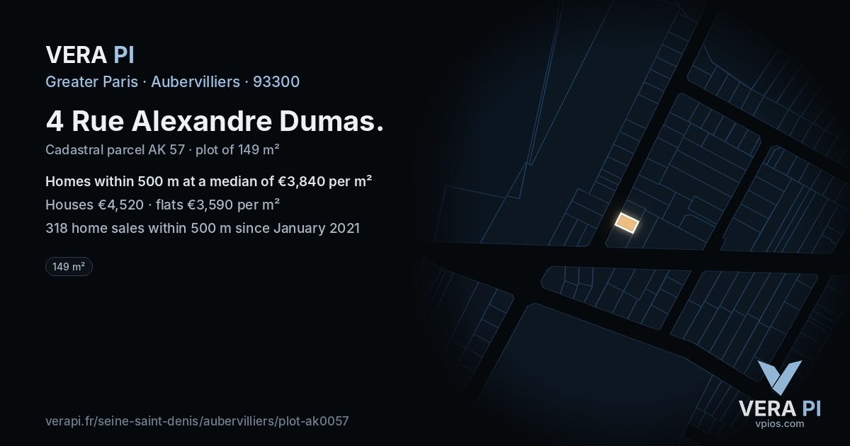 4 Rue Alexandre Dumas, Aubervilliers at night – the plot lit, the parcels around coloured by the prices near them