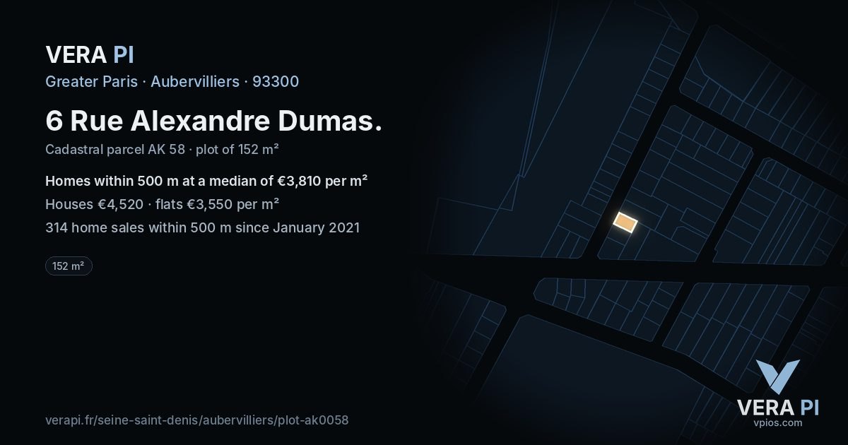 6 Rue Alexandre Dumas, Aubervilliers at night – the plot lit, the parcels around coloured by the prices near them