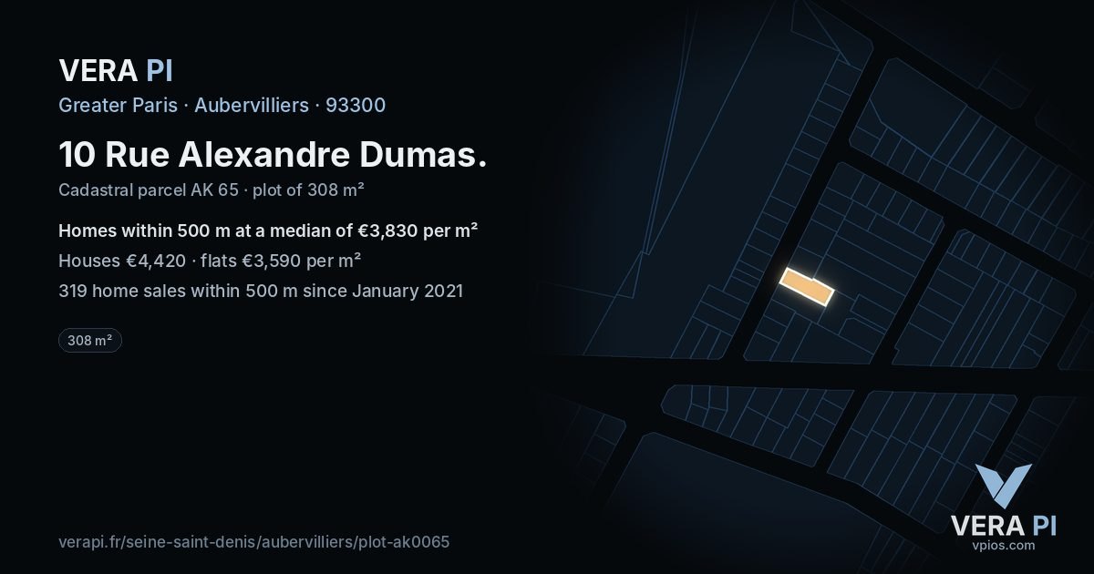 10 Rue Alexandre Dumas, Aubervilliers at night – the plot lit, the parcels around coloured by the prices near them