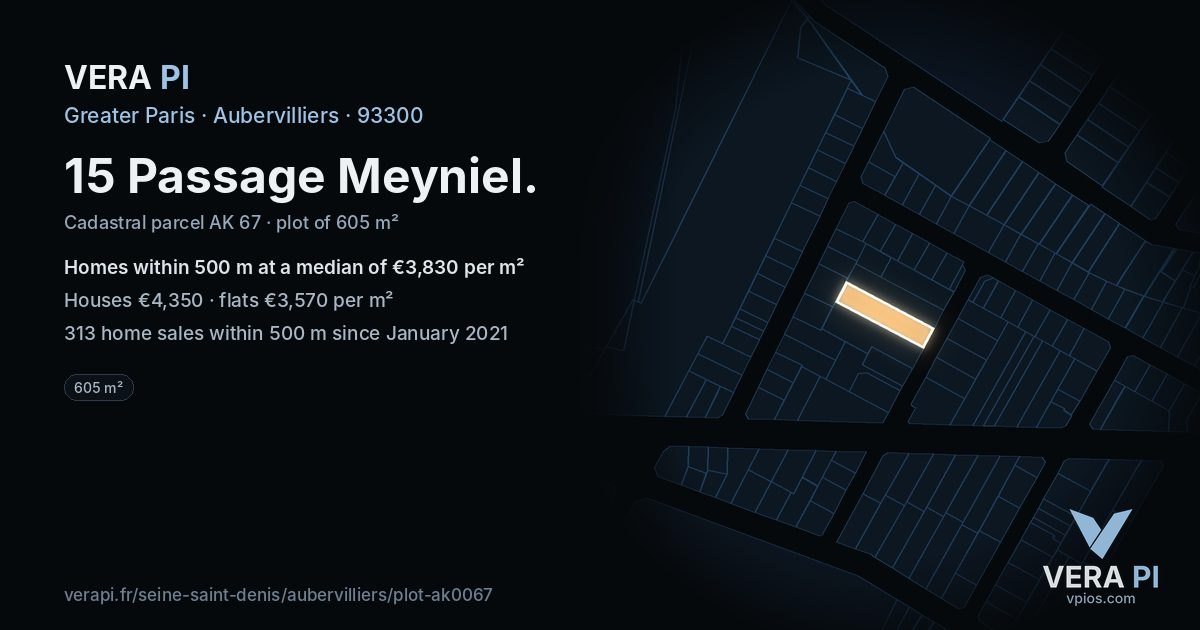 15 Passage Meyniel, Aubervilliers at night – the plot lit, the parcels around coloured by the prices near them