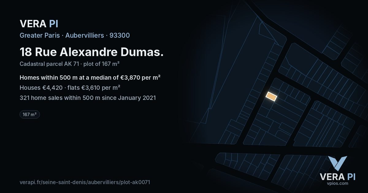 18 Rue Alexandre Dumas, Aubervilliers at night – the plot lit, the parcels around coloured by the prices near them